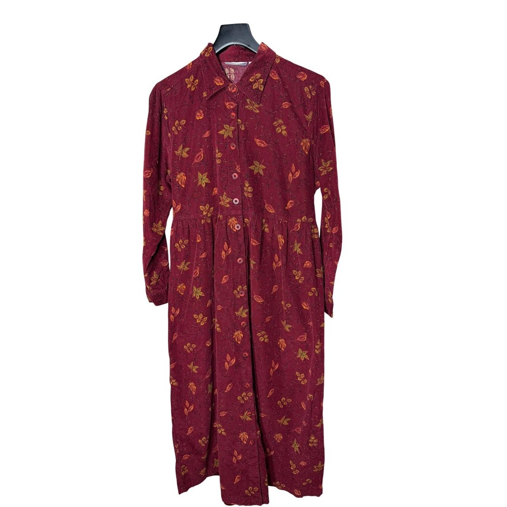 Erika & Co Womens Vintage Burgundy Corduroy Leaf Print Maxi Dress Size L Cotton